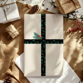 Grönt Löv & Red Berries jul Mönster Black