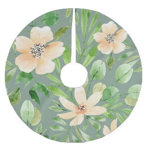 Grönt Löv, Rosa Flowers: Vattenfärg. Julgransmatta Borstad Polyester
