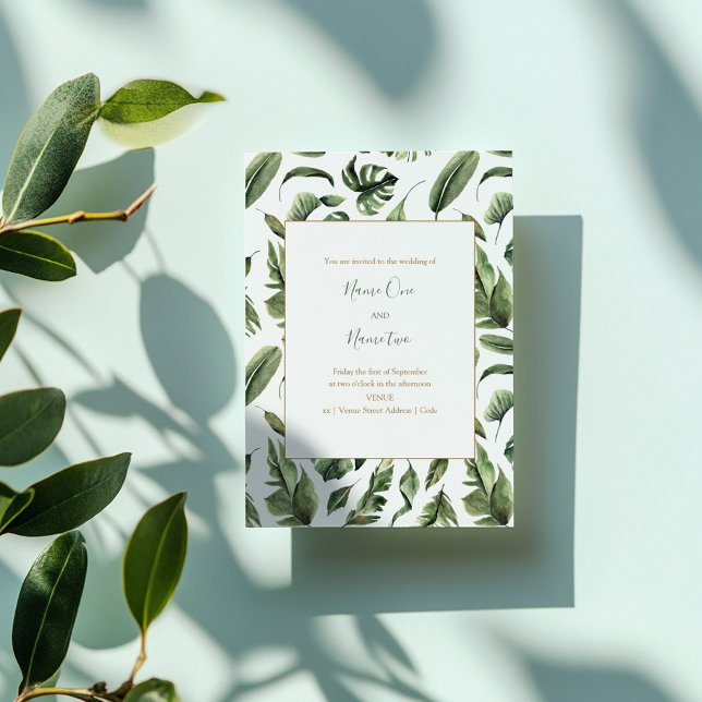 Grönt löv, skogen bröllopsinbjudan inbjudningar (Green leaves, jungle style, forrest wedding invitation)