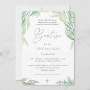 Grönt Löv Spain Bautizo, Greenery Boy Baptism Inbjudningar