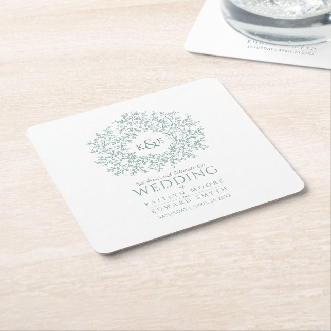 Grönt: löv teckning monogram bröllop underlägg papper kvadrat (Vinklad)