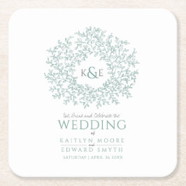 Grönt: löv teckning monogram bröllop underlägg papper kvadrat