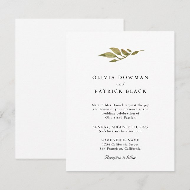 Grönt löv typografi klassiskt enkelt Bröllop Inbjudningar (Fram/baksida)