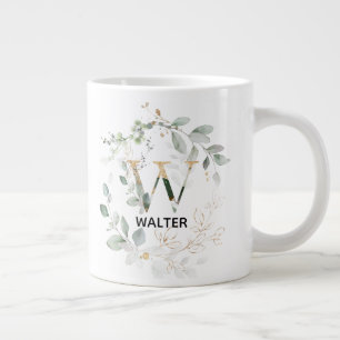 Grönt Löv Utandning Monogram Initialt W Brev Jumbo Mugg