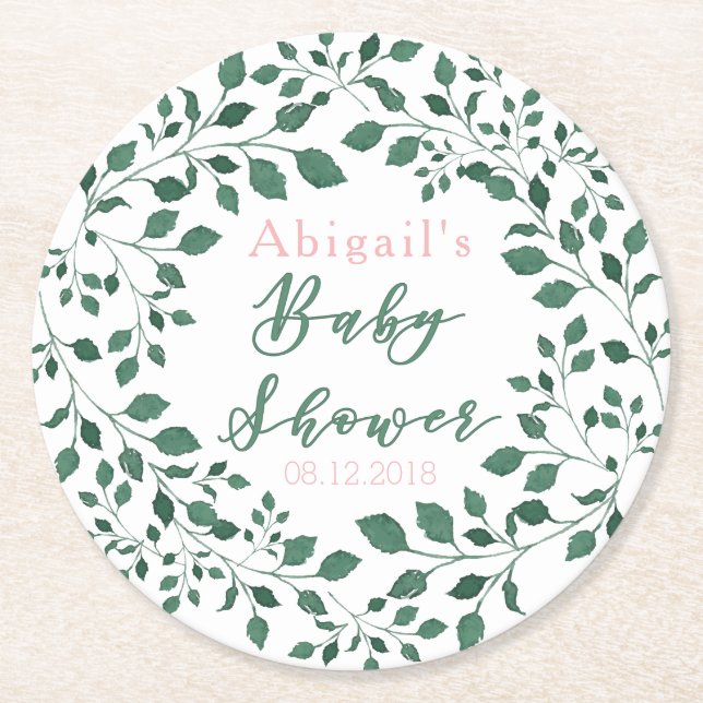 Grönt Löv Utandning | Personlig Baby Shower Underlägg Papper Rund (Framsidan)
