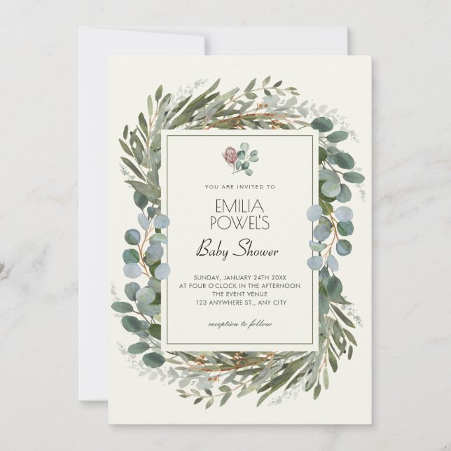 GRÖNT LÖV WREATH BABY SHOWER-INBJUDAN INBJUDNINGAR (Framsida)