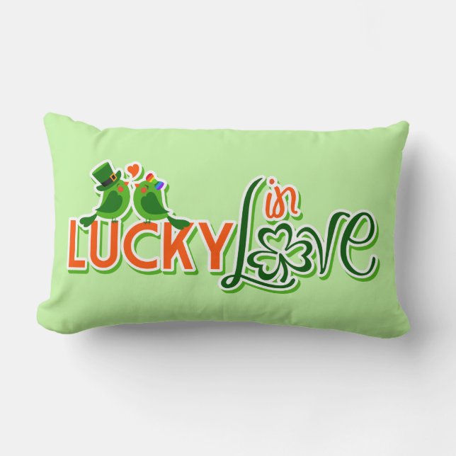 Grönt Lovebird Irish Shamrock Kärlek Pillow Lumbarkudde (Framsida)