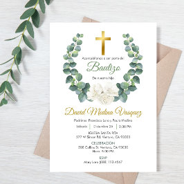 Grönt Lövs andedräkt Baptism Bjud in spanska Inbjudningar