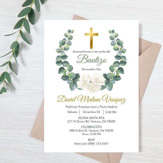 Grönt Lövs andedräkt Baptism Bjud in spanska Inbjudningar (Skapare uppladdad)