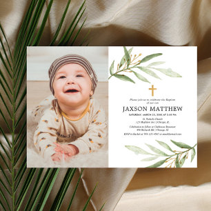 Grönt lövs baptism-engagemang för grönt foto inbjudningar