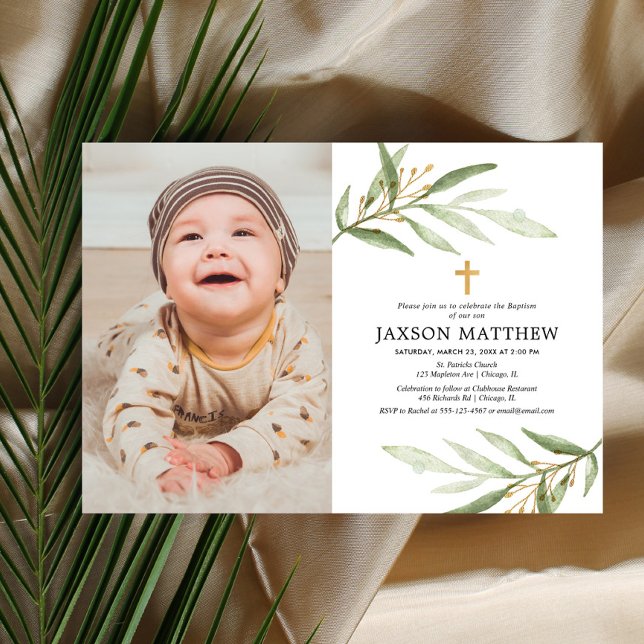 Grönt lövs baptism-engagemang för grönt foto inbjudningar (Skapare uppladdad)