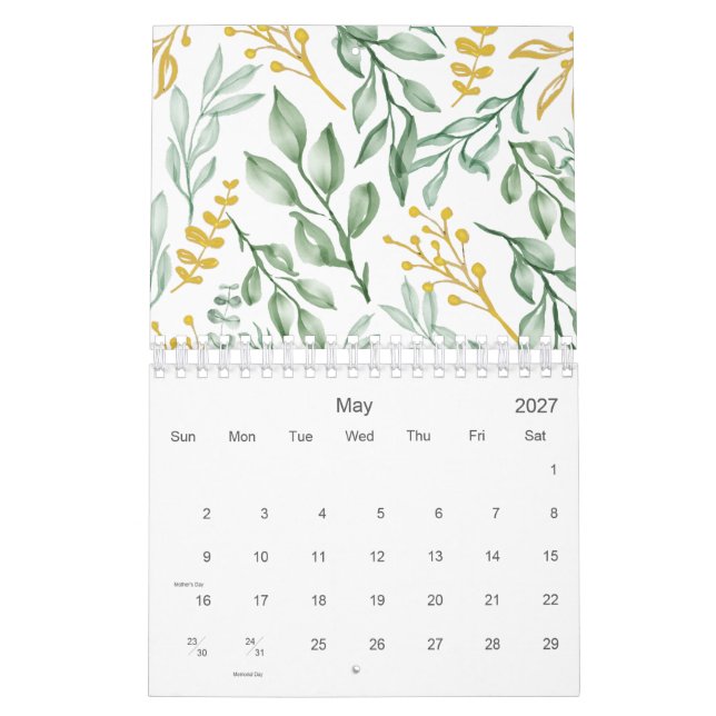 Grönt Lövs & Golden Gult Blommigt 2026 Kalender (May 2027)
