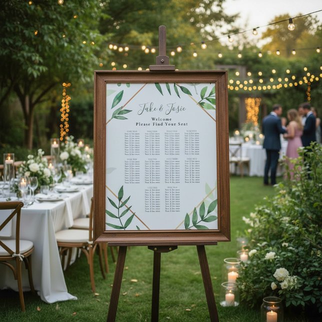 Grönt lövs sittdiagram Elegant bröllop Poster (Green leaves Elegant Wedding Seating Chart.)
