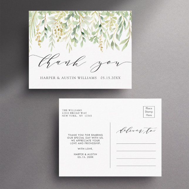 Grönt lövverk Botaniskt Bröllop Tack Vykort (Front & Back)