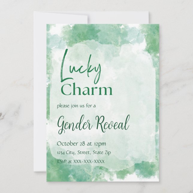 Grönt Lucky Charm Vattenfärg Könsutlysning Inbjudningar (Framsida)