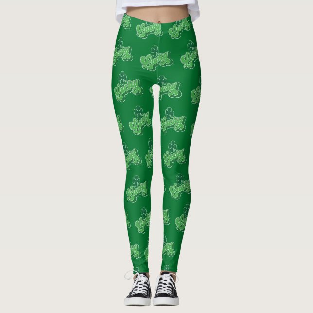 Grönt Lucky Klöver Löv St. Patrick's Day Leggings (Framsida)