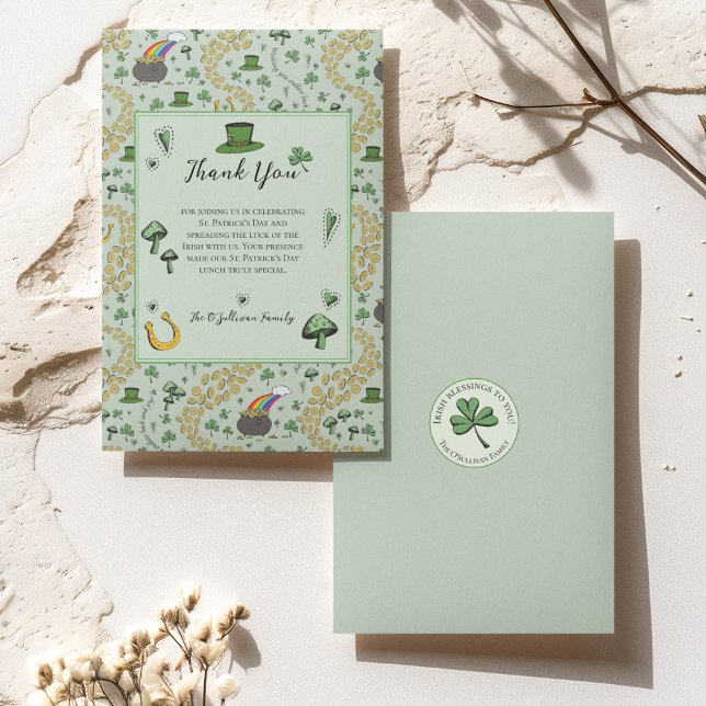 Grönt Lucky St patricks day Irish Tackyou Card Tack Kort (St Patricks Day Thank You Card with Custom Message & Name. Irish Blessing on Back of the Card. 
)