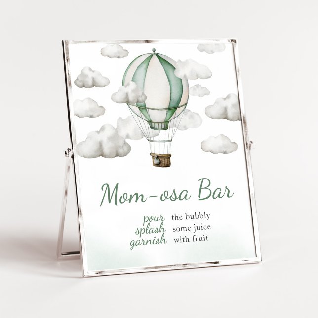 Grönt Luftballong Baby Shower Mamma Osa Pub Poster (Gender Neutral Travel Baby Shower Mom Osa Bar Sign)