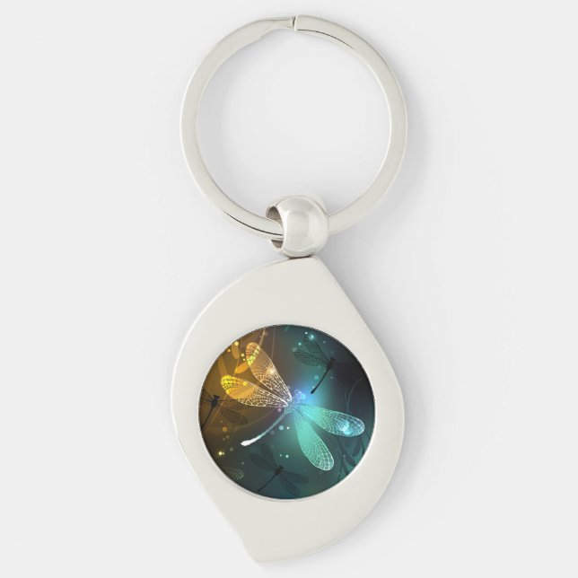 Grönt Luminös drakflygning Swirl Silverfärgad Nyckelring (Framsidan)