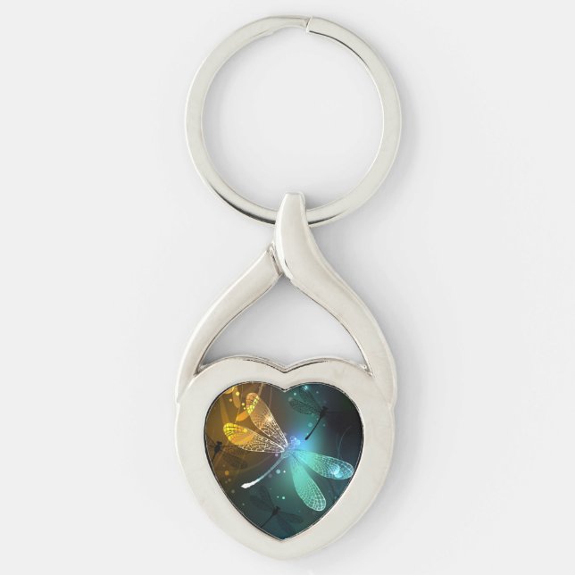 Grönt Luminös drakflygning Twisted Heart Silverfärgad Nyckelring (Framsidan)