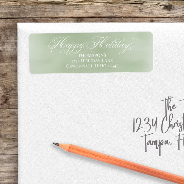 Grönt Lycklig Helgdag Calligraphy Script Anpassnin Returadress Etikett (Happy Holiday custom green return address label. )