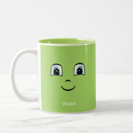 Grönt lyckligt ansikte med vegansk text och monogr Två-Tonad mugg