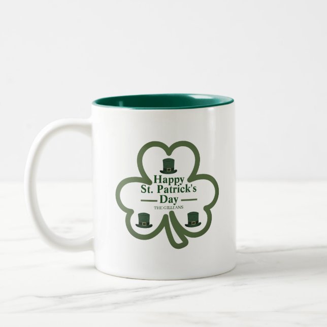 Grönt lyckligt Shamrock-skript St. Patricks dag Två-Tonad Mugg (Vänster)