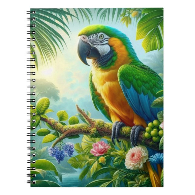 Grönt macaw tropical blommigt anteckningsbok (Framsidan)