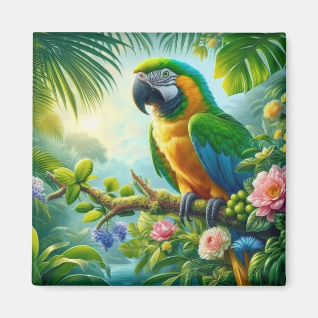 Grönt macaw tropical blommigt magnet (Framsidan)