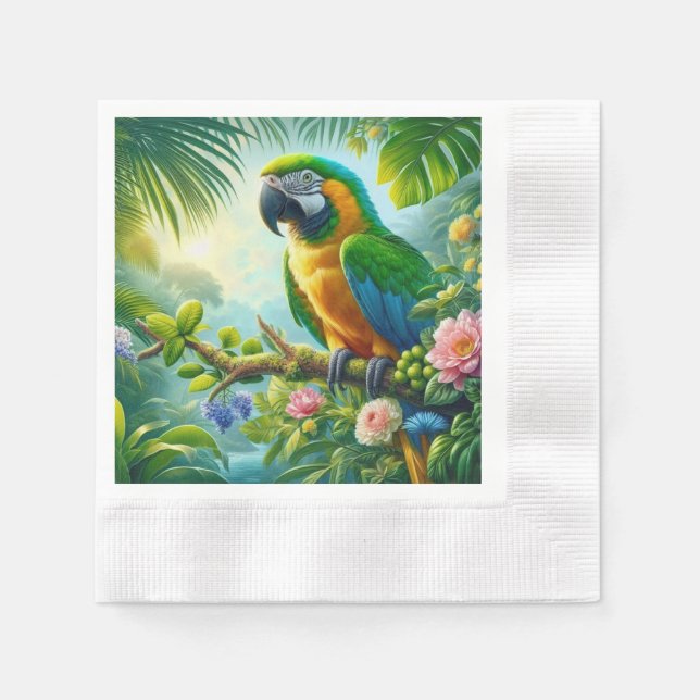 Grönt macaw tropical blommigt pappersservett (Framsidan)