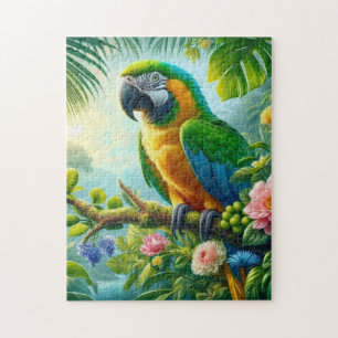 Grönt macaw tropical blommigt pussel