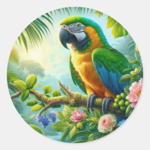 Grönt macaw tropical blommigt runt klistermärke