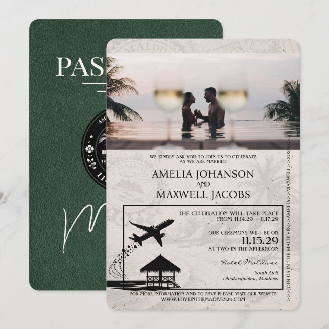 Grönt Maldives-pass Wedding Inbjudningar (Fram/baksida)