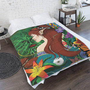 Grönt Man Elf Fantasy Blommigt Fleecefilt