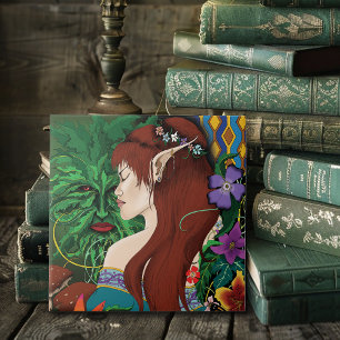 Grönt Man Elf Fantasy Blommigt Kakelplatta