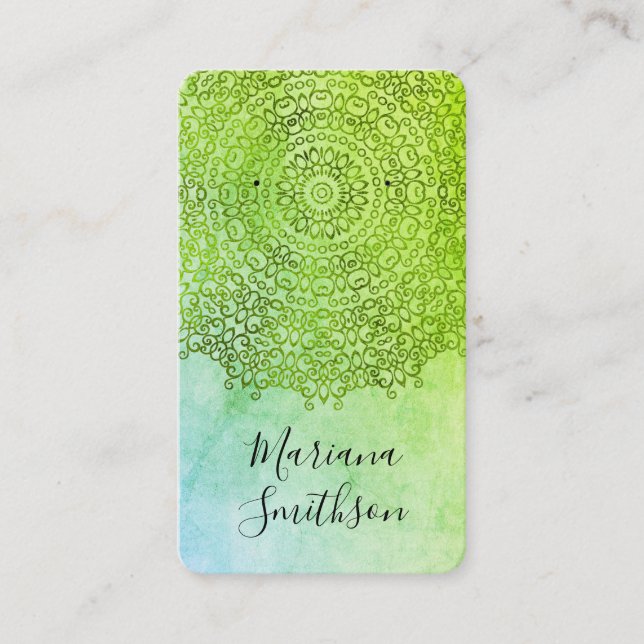 Grönt Mandala Anpassningsbar QR Visning-kort för a Visitkort (Framsida)