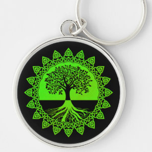 Grönt Mandala Celtic Livets träd on Black Rund Silverfärgad Nyckelring