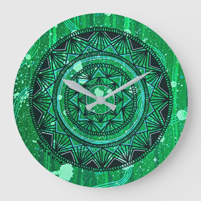 Grönt Mandala Clock Stor Klocka (Framsida)