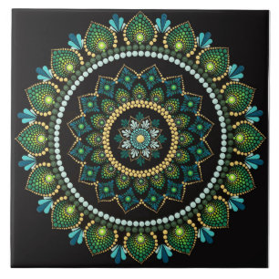 Grönt Mandala   Handmålad   Helig Geometri Kakelplatta