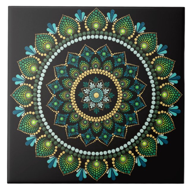 Grönt Mandala | Handmålad | Helig Geometri Kakelplatta (Framsidan)