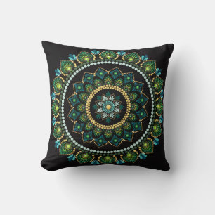 Grönt Mandala Handmålad Helig Geometri Kudde
