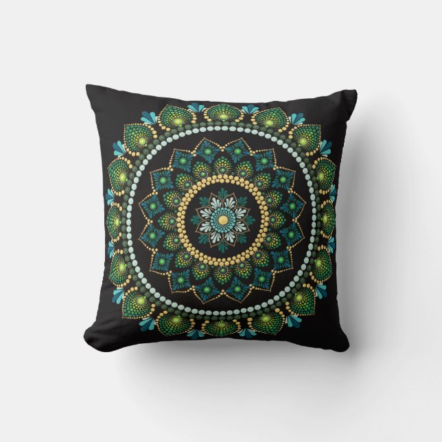 Grönt Mandala | Handmålad | Helig Geometri Kudde (Framsida)