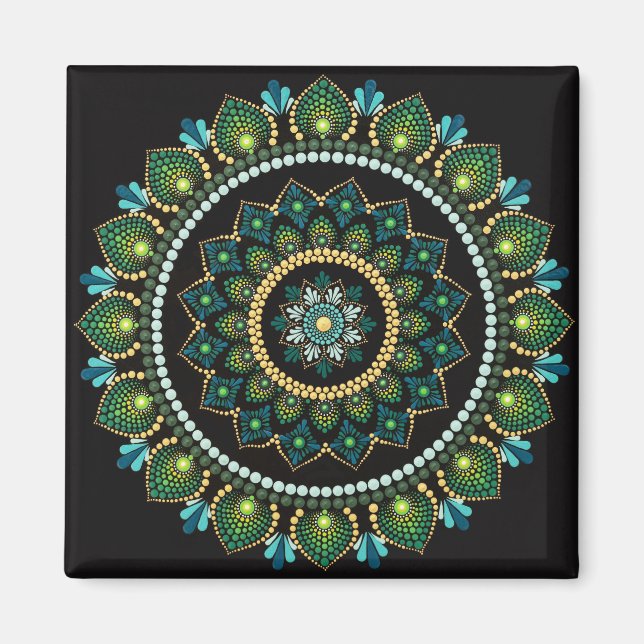 Grönt Mandala | Handmålad | Helig Geometri Magnet (Framsidan)