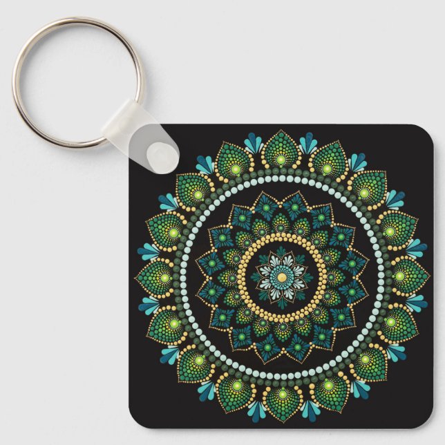 Grönt Mandala | Handmålad | Helig Geometri Nyckelring (Framsida)