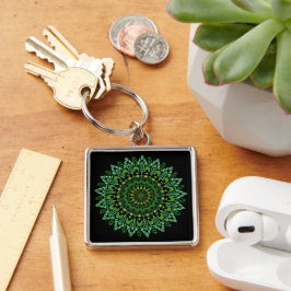 Grönt Mandala Keychain Fyrkantig Silverfärgad Nyckelring