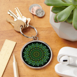 Grönt Mandala Keychain Rund Silverfärgad Nyckelring
