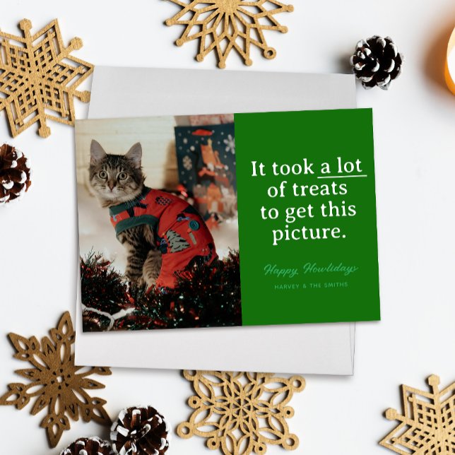 Grönt många Treats Lycklig Howlidays Funny Pet Julkort ("It took a lot of treats to get this picture" funny holiday pet photo card, white text on green)
