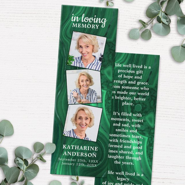 Grönt Marble 3 Photo Dikt Funeral Prayer Bookmark Litet Visitkort (Skapare uppladdad)