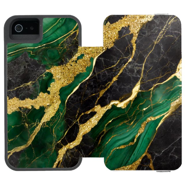 Grönt Marble Mönster med Guld Incipio iPhone Wallet Skal (Folio Öppen)