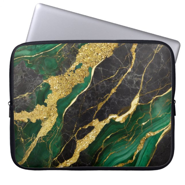 Grönt Marble Mönster med Guld Laptop Fodral (Framsidan)